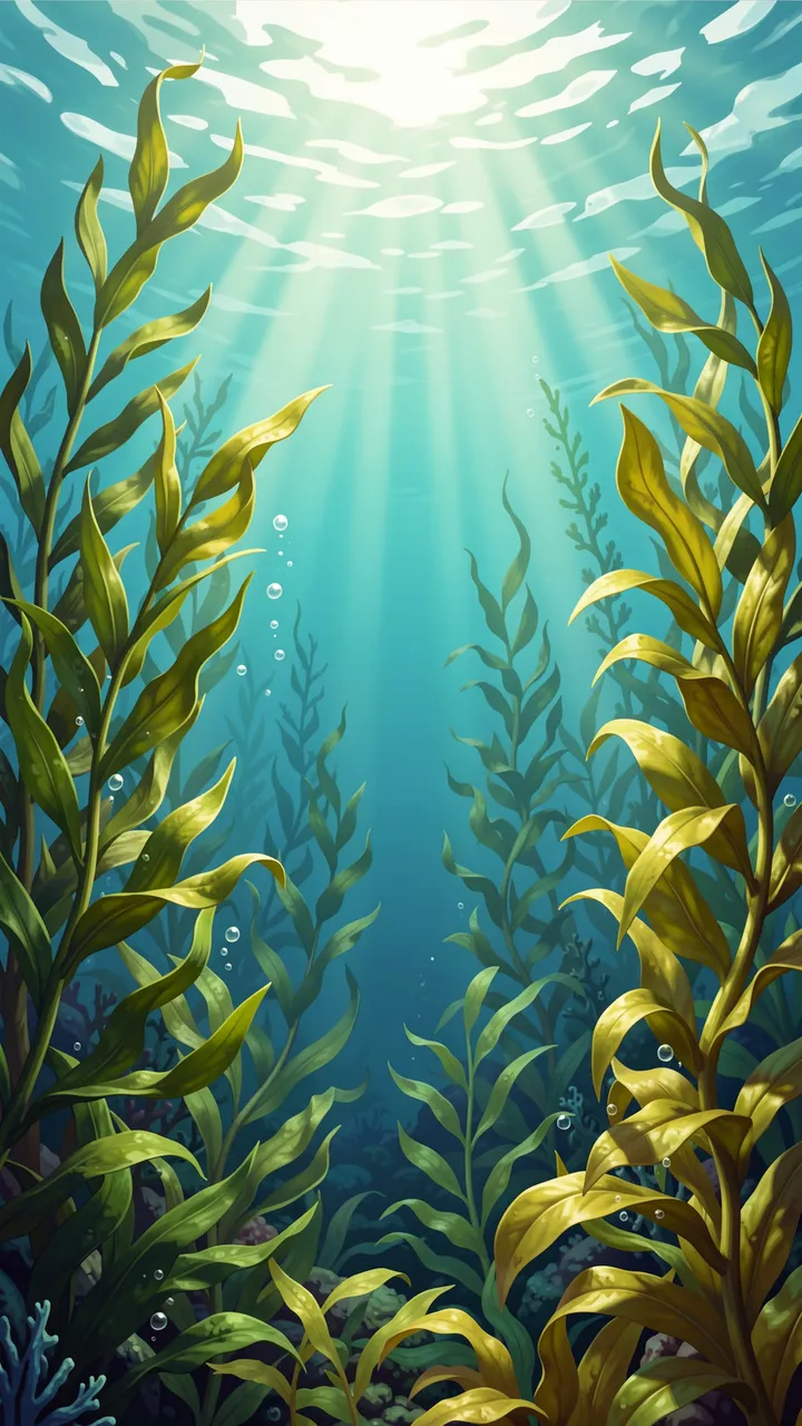 Sunlight beams filter through clear blue water between tall swaying kelp fronds in an underwater forest