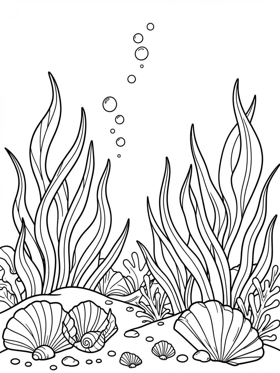Black and white line art of an underwater seabed with seaweed, shells, and rising bubbles on a plain white background