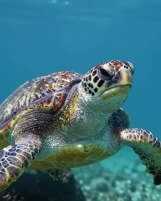 Close-up portrait of a sea turtle swimming in clear turquoise ocean water