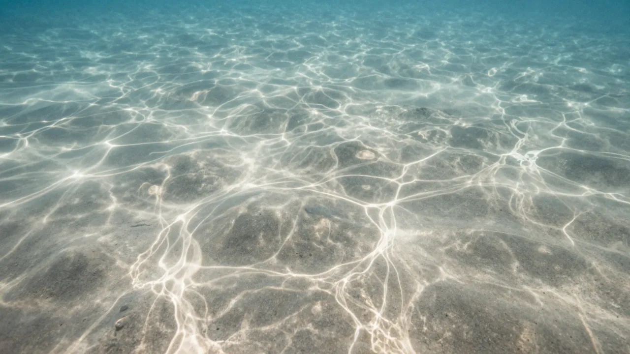 Rippled dappled sunlight dances across a shallow sandy ocean seabed through clear turquoise water