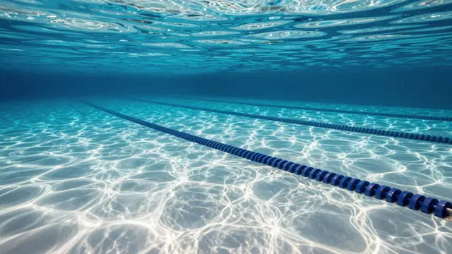 Underwater view of empty swimming pool lanes with shimmering dappled light on the pool floor