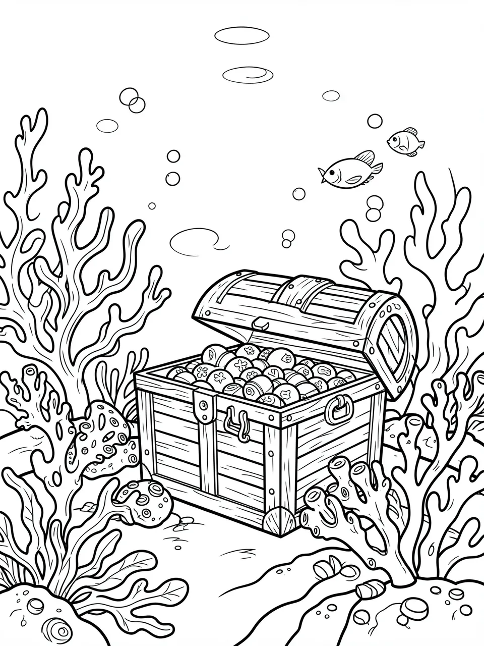 Black and white line art of an open treasure chest surrounded by coral, fish, and rising air bubbles on a white background.
