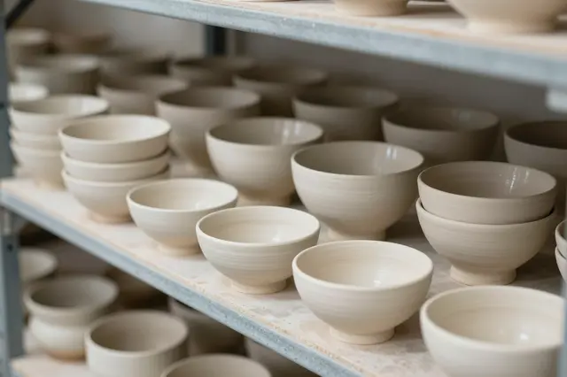 Unfired handmade ceramic bowls sit arranged on workshop shelves to dry in a pottery studio.