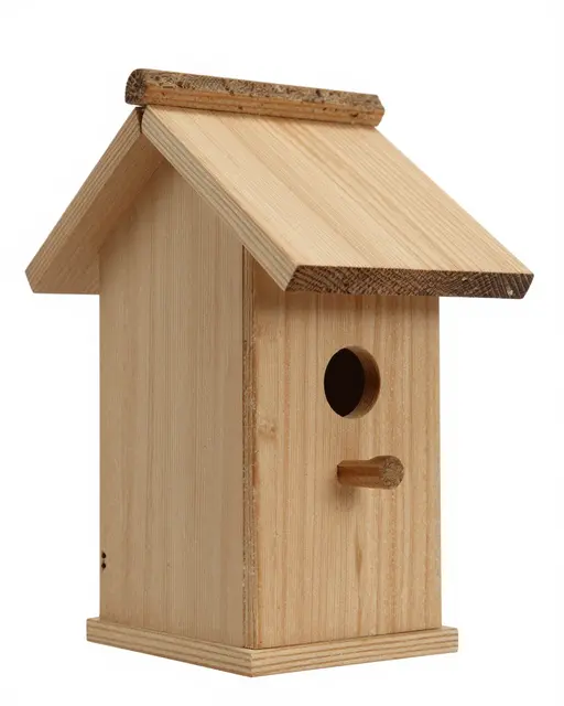 Unpainted wooden birdhouse with a round entrance hole stands isolated on a pure white studio background