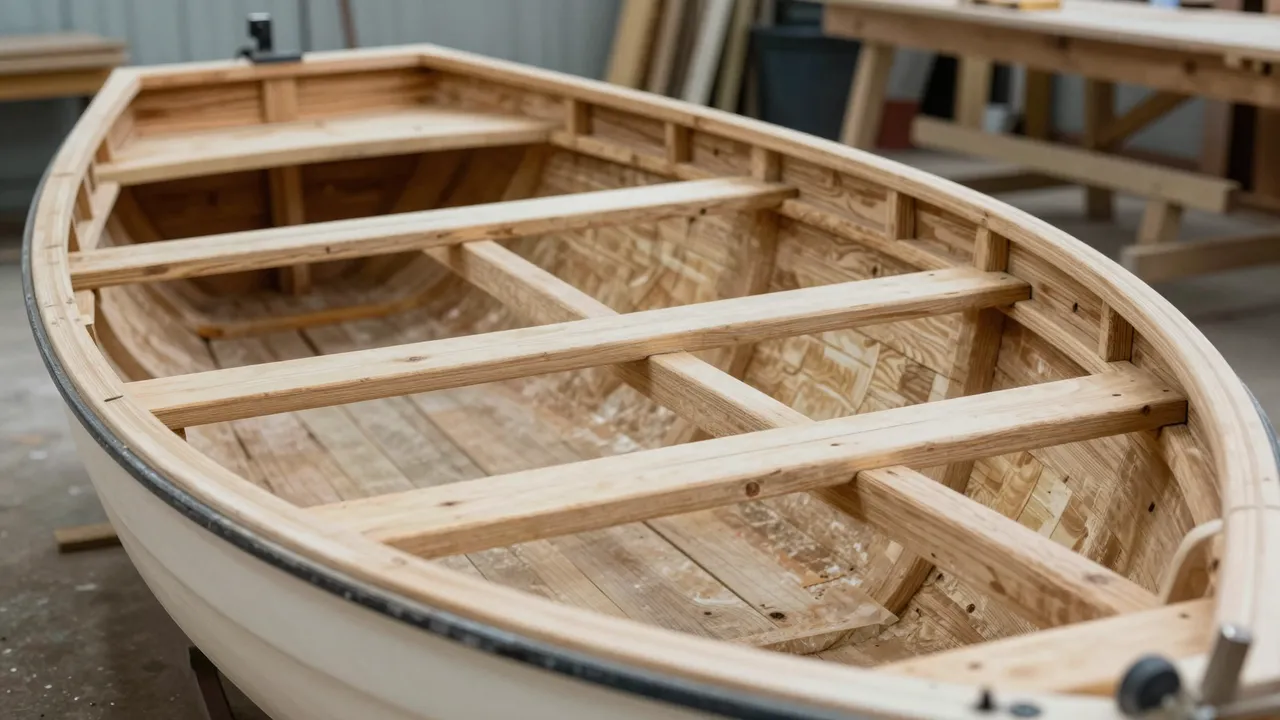 Partially constructed wooden boat hull sits inside a timber boatbuilding workshop