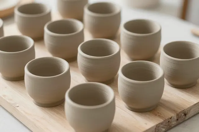 Rows of raw unfired clay cups rest on a light wooden board in a pottery workspace