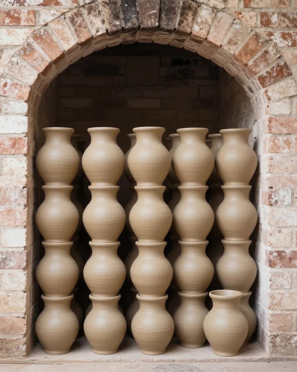 Rows of stacked unfired beige clay pots sit inside an arched brick kiln chamber