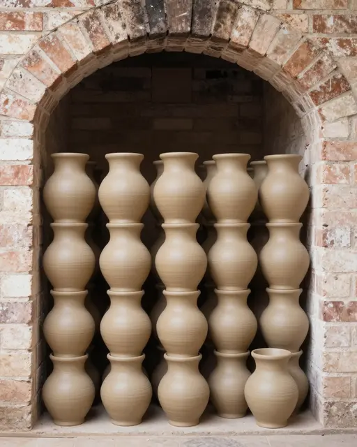 Rows of stacked unfired beige clay pots sit inside an arched brick kiln chamber