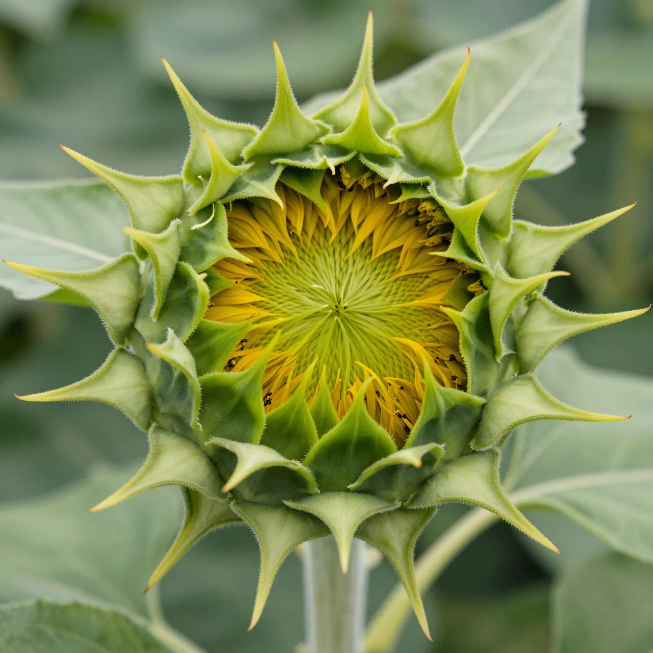 Close-up of a partially opening sunflower bud framed by sharp green spiky sepals