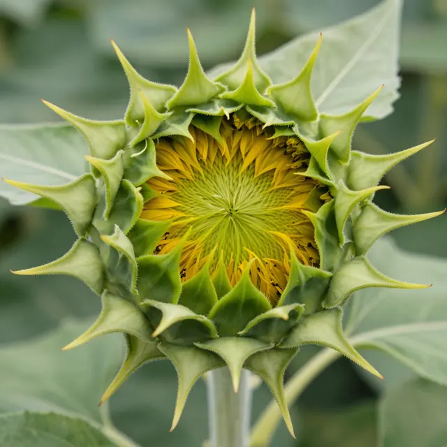 Close-up of a partially opening sunflower bud framed by sharp green spiky sepals