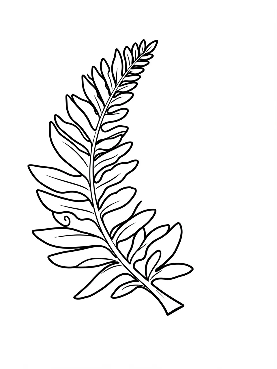 Bold black and white line art of a partially unfurling fern frond on a plain white background