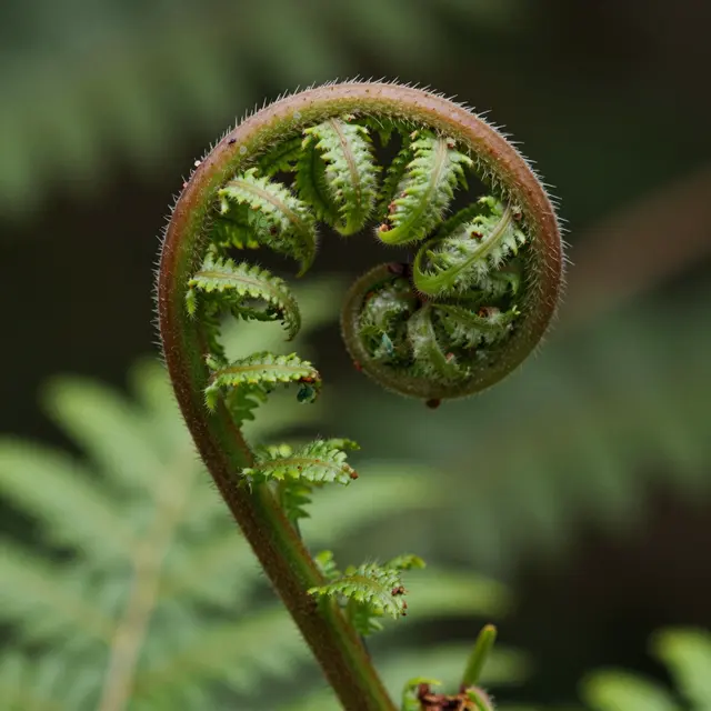 Close-up macro view of a fuzzy curled fern fiddlehead unfurling new leaflets against soft blurred green foliage