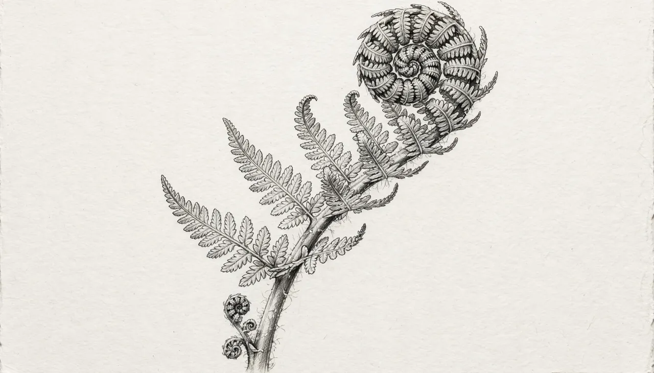 Detailed graphite pencil sketch of an unfurling curled fern frond on plain white paper
