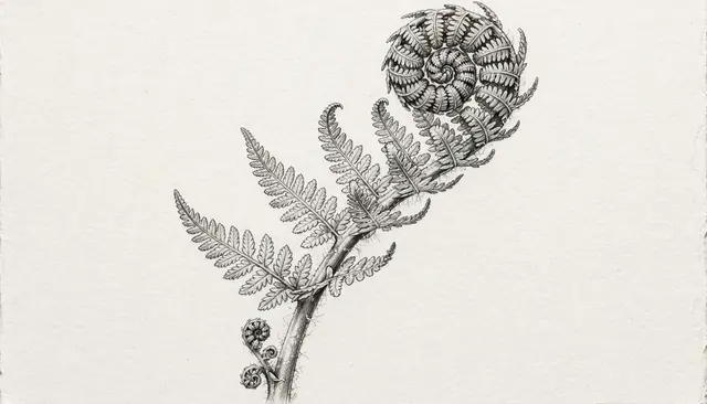 Detailed graphite pencil sketch of an unfurling curled fern frond on plain white paper