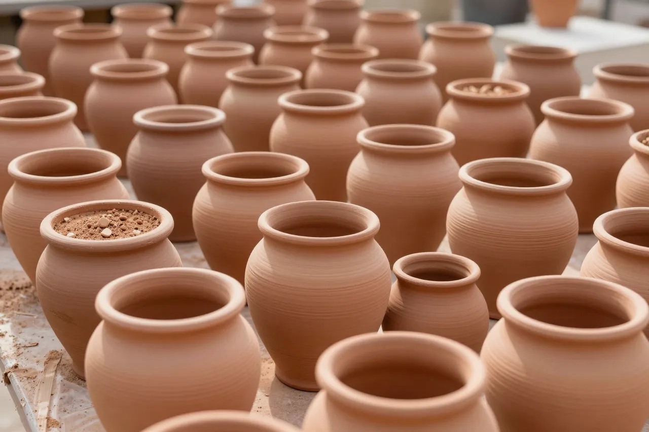 Rows of smooth unglazed terracotta pottery arranged to dry in a sunlit pottery yard