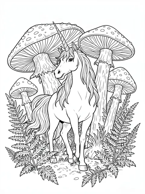 Black and white line art coloring page of a unicorn surrounded by spotted giant mushrooms and ferns on a plain white