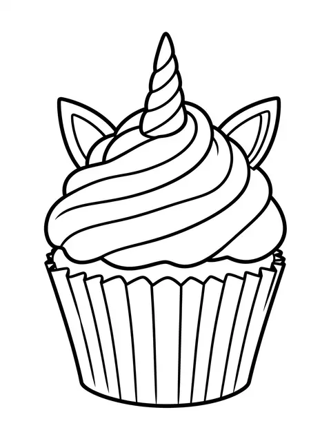 Black and white bold line art of a unicorn themed cupcake on a plain white background