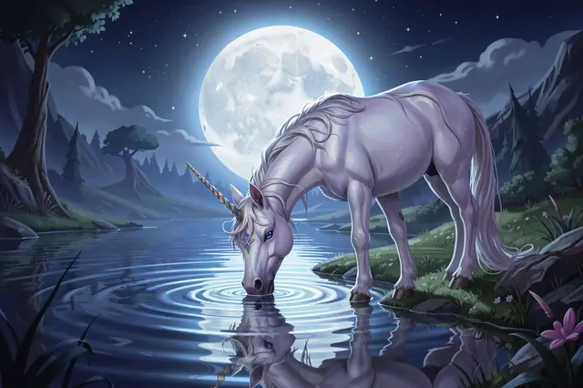 A pale white unicorn drinks from the rippling surface of a calm lake beneath a bright full moon at night