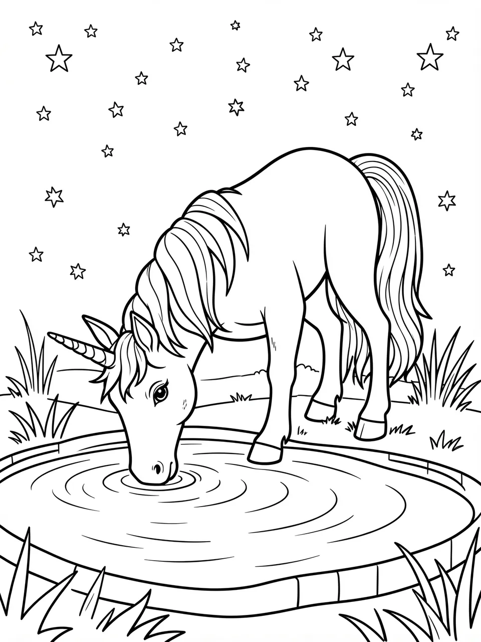 Black and white line art of a unicorn drinking from a pond beneath a starry sky.