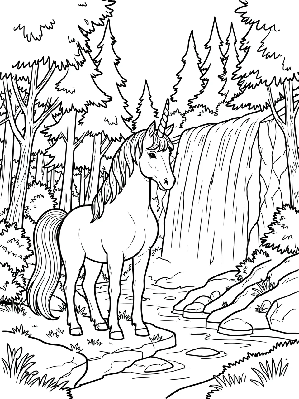 Black and white line art of a unicorn standing beside a forest waterfall on a white background