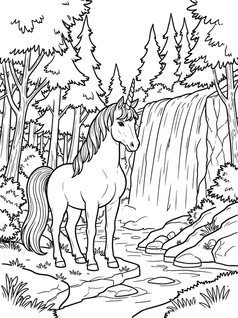 Black and white line art of a unicorn standing beside a forest waterfall on a white background