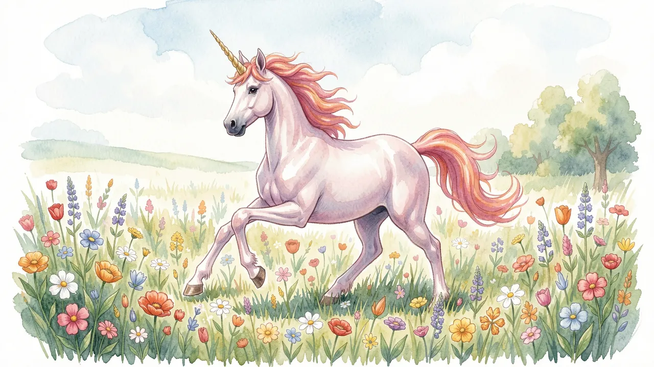 Watercolor illustration of a pink-maned unicorn trotting through a bright wildflower meadow under soft cloudy skies