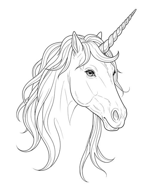 Fine single-weight line drawing of a unicorn head with a spiral horn and flowing mane on a plain white background