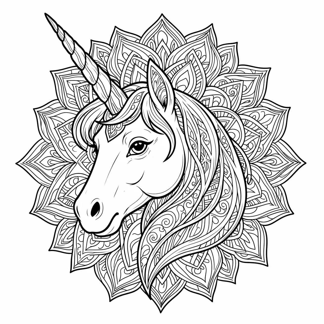 Black and white line art of a detailed unicorn head set against an intricate mandala pattern for a coloring page