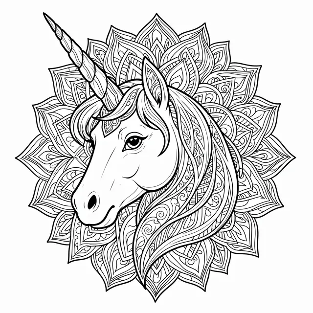 Black and white line art of a detailed unicorn head set against an intricate mandala pattern for a coloring page