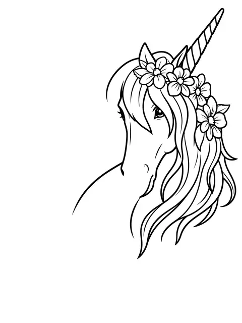 Black and white bold line art of a unicorn head with flowers woven into its mane on a plain white background