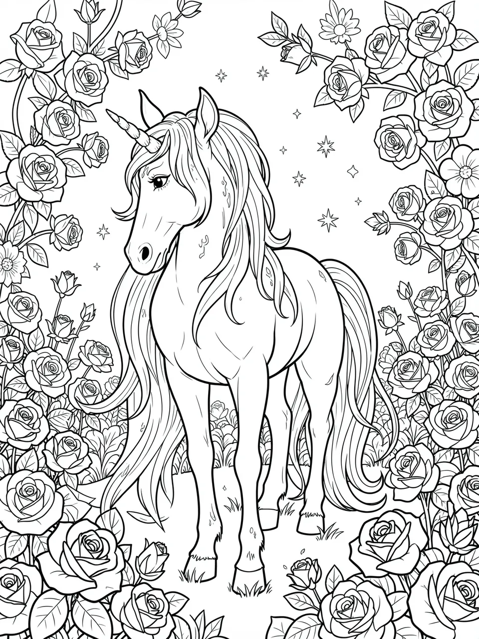 Black and white line art of a unicorn surrounded by blooming roses and sparkles on a white background
