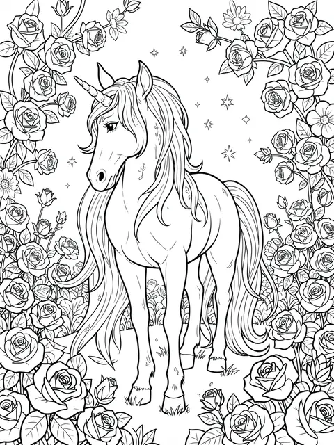 Black and white line art of a unicorn surrounded by blooming roses and sparkles on a white background