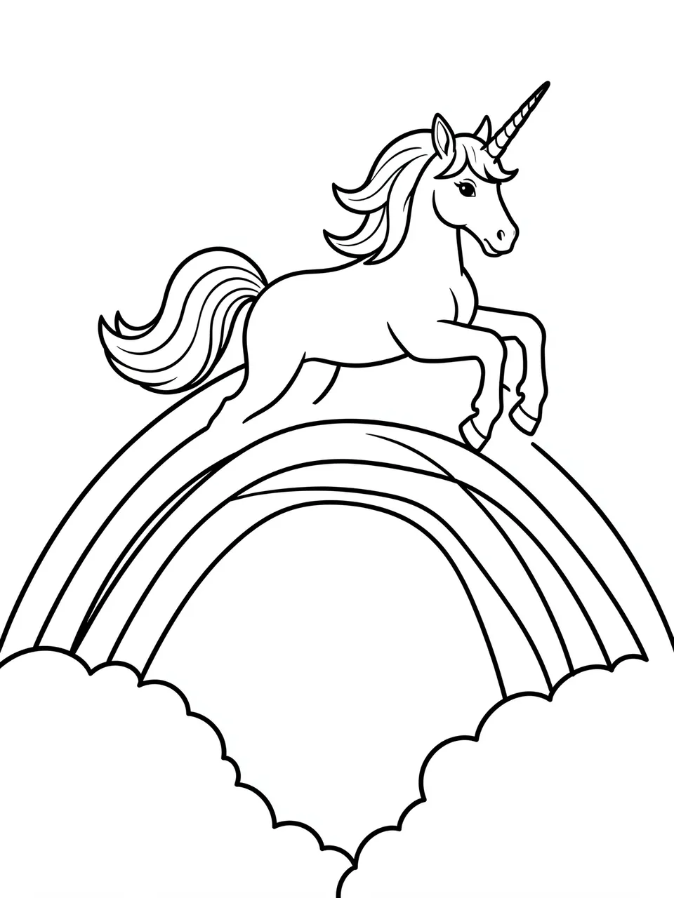 Bold black line art of a leaping unicorn positioned over a curved rainbow between fluffy clouds on a white background