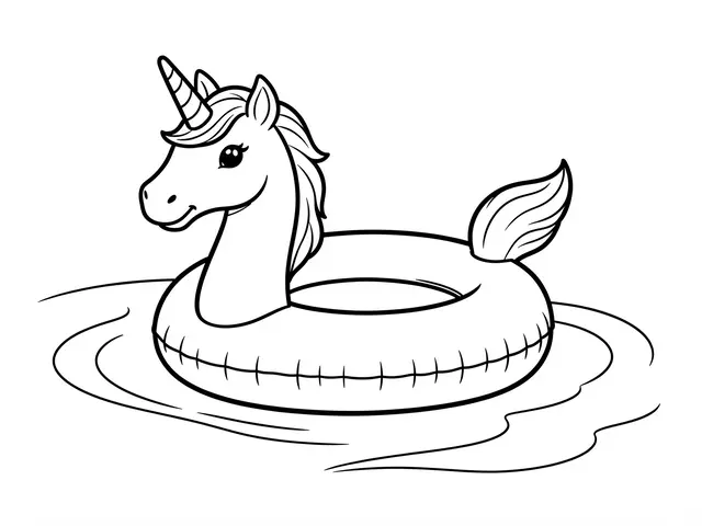 Bold black and white line art of a unicorn inflatable pool float floating on rippled water