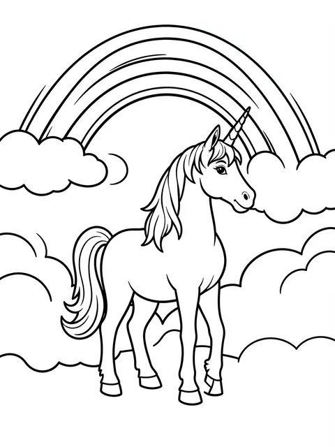 Black and white bold line art of a unicorn standing under a curved rainbow among fluffy clouds on a plain white background
