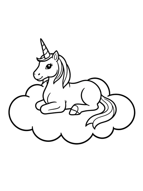 Simple bold black line art of a cute unicorn lying on a puffy cloud for a coloring page