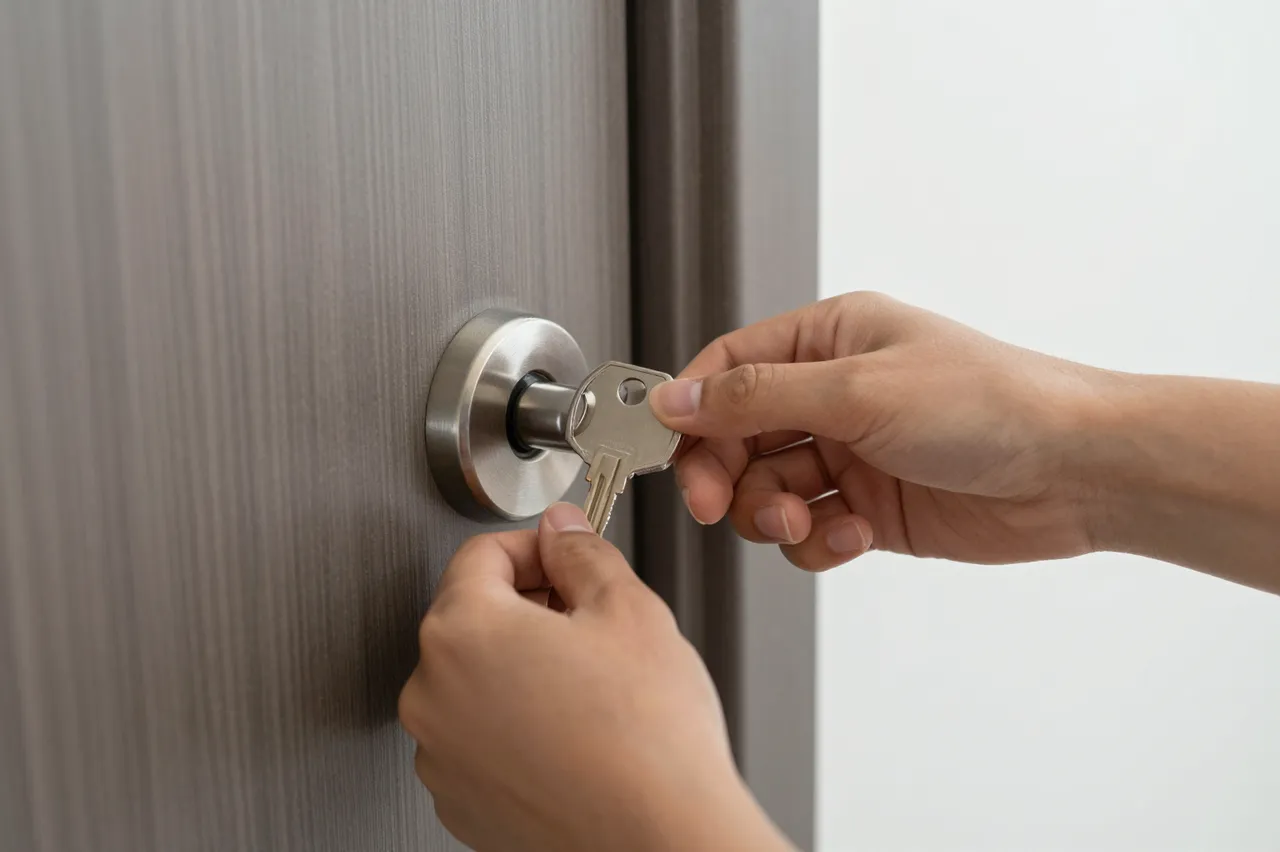 Two hands position a metal key to insert it into a silver door lock on a grey woodgrain door.