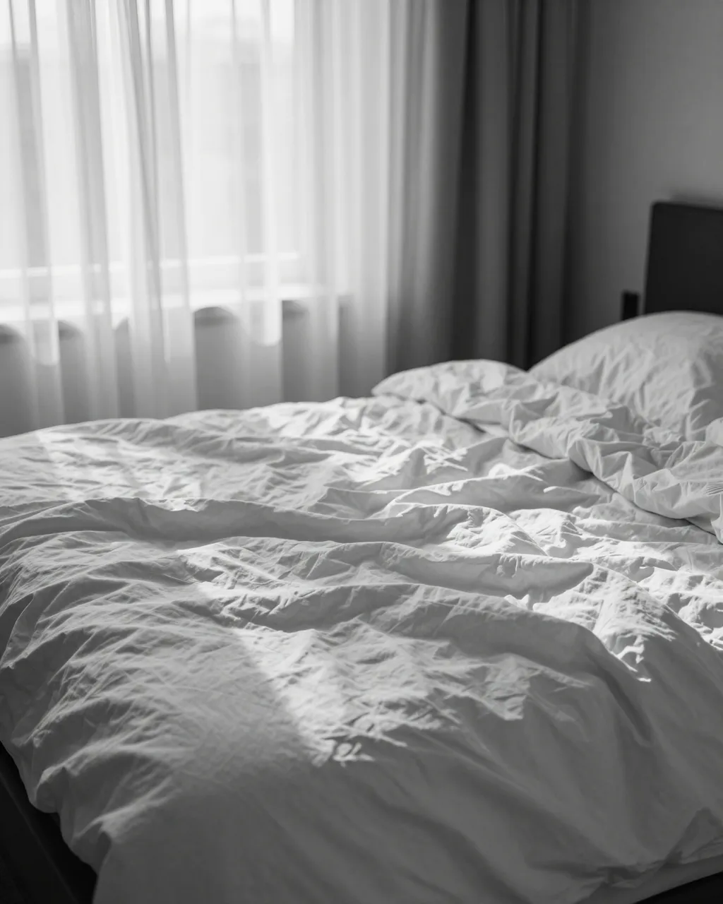 Black and white view of rumpled bed linens next to sheer curtains lit by soft morning light