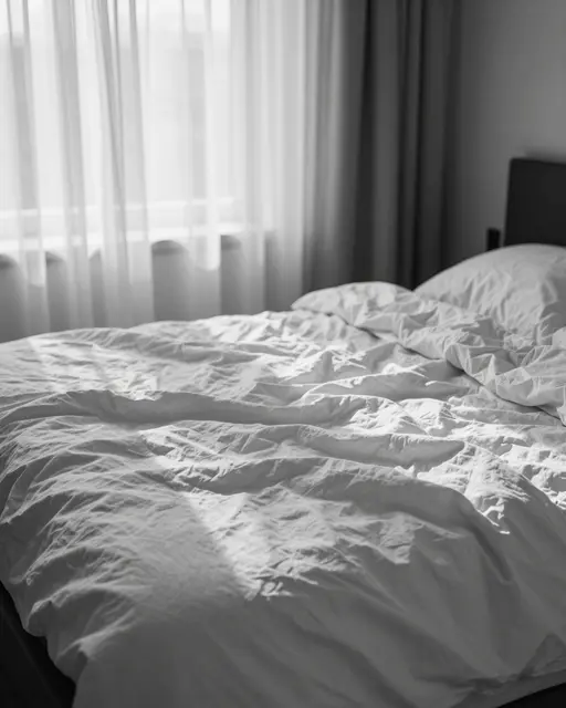 Black and white view of rumpled bed linens next to sheer curtains lit by soft morning light