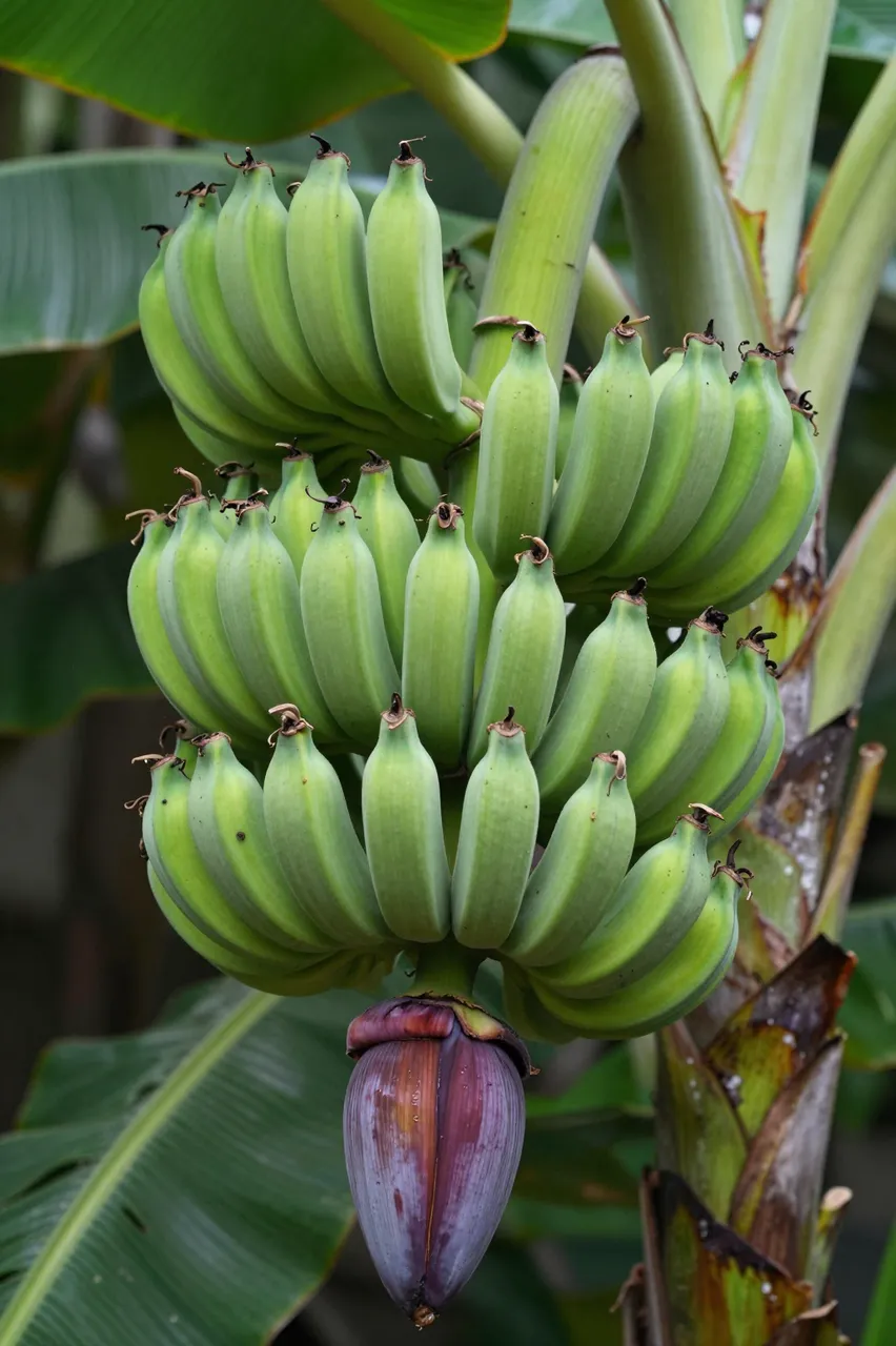 Cluster of unripe green bananas hangs from a banana plant above a large purple flower bud.