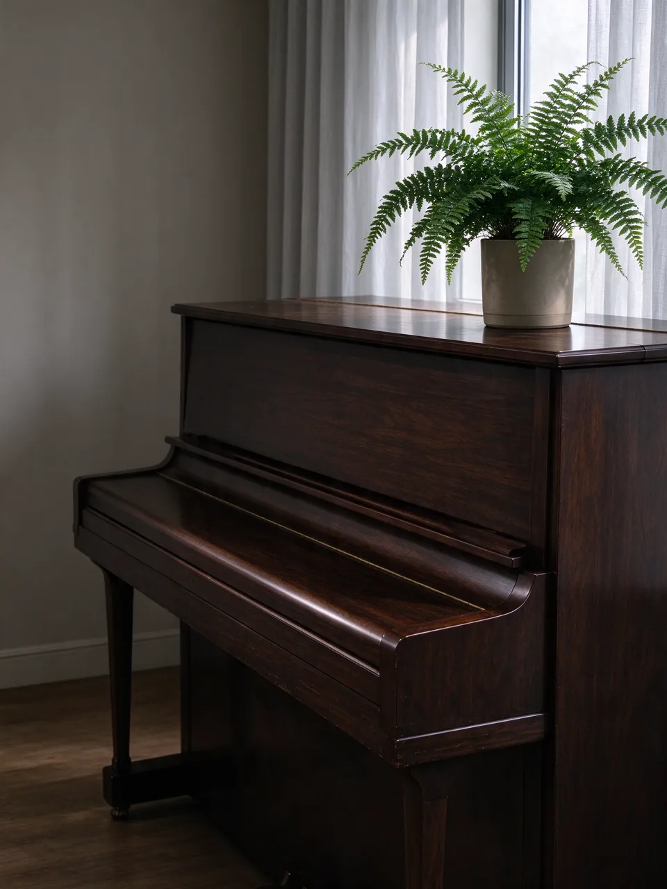 Dark wooden upright piano with closed lid next to a sheer curtained window holding a potted fern