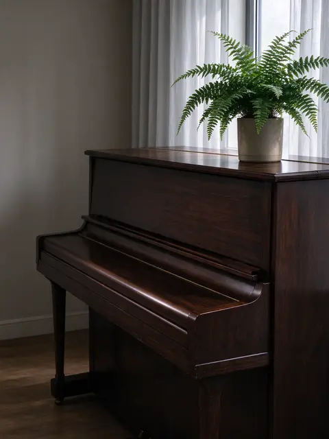 Dark wooden upright piano with closed lid next to a sheer curtained window holding a potted fern