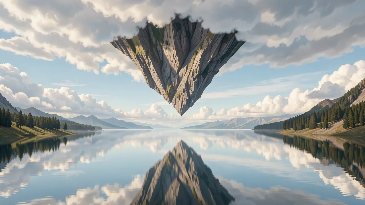 A floating inverted mountain hangs from clouds above a perfectly still, reflective lake surrounded by forested shores.