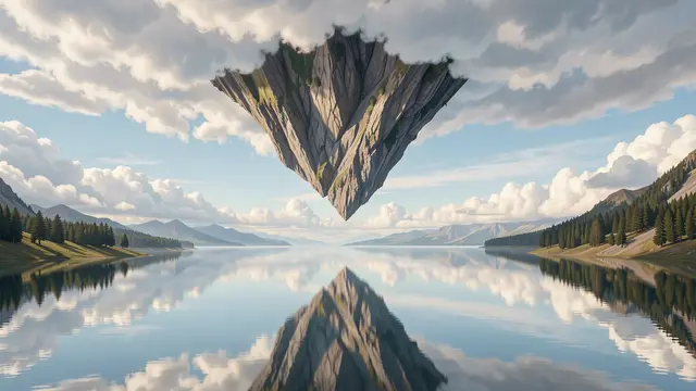 A floating inverted mountain hangs from clouds above a perfectly still, reflective lake surrounded by forested shores.