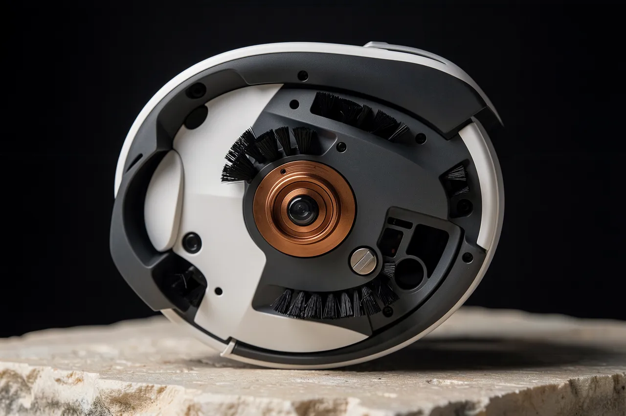 Close-up underside view of a robot vacuum resting upside down on pale stone against a dark backdrop