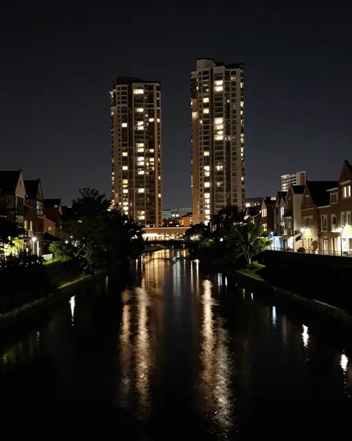 Lit residential buildings and street lamps reflect on the dark still surface of a canal at night