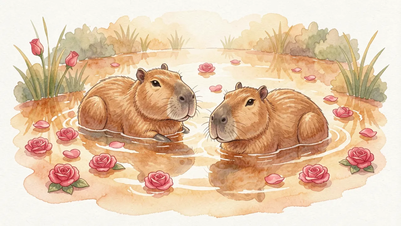 Two capybaras relax in a warm shallow pond dotted with floating pink rose petals and blooms for Valentine's Day