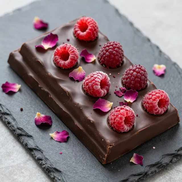 Top view of dark chocolate bark topped with frosty raspberries and rose petals on a dark slate board