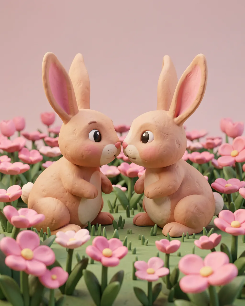 3D clay render of two cute bunnies sitting nose to nose in a field of pink flowers