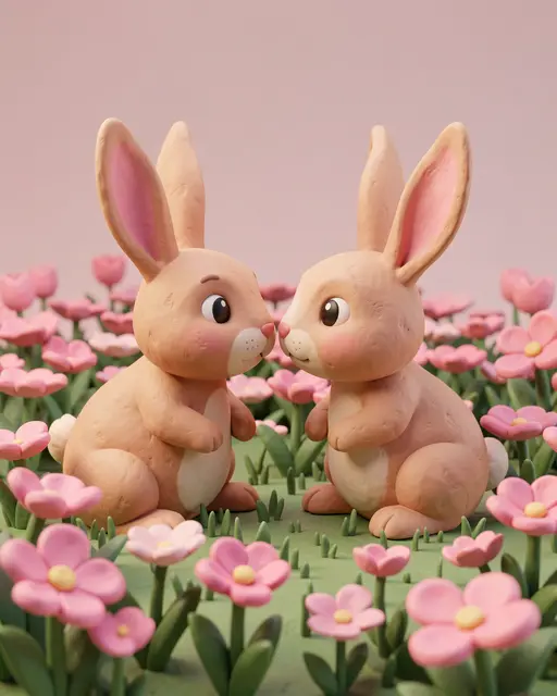 3D clay render of two cute bunnies sitting nose to nose in a field of pink flowers